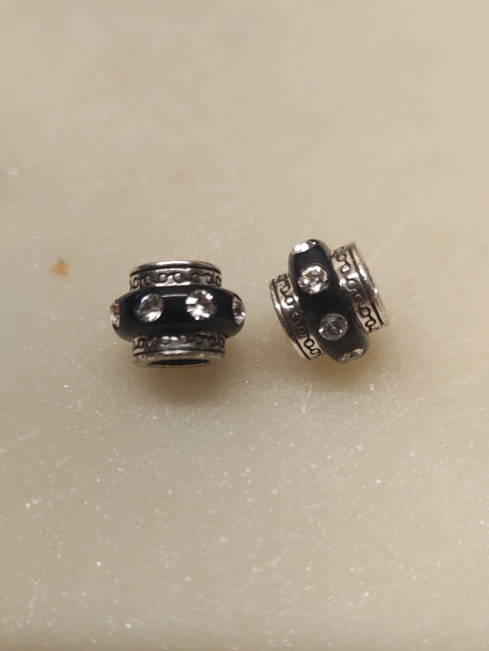 Two Brighton Round Dazzle Spacers Black Resin Beads w Row of Crystals Retired